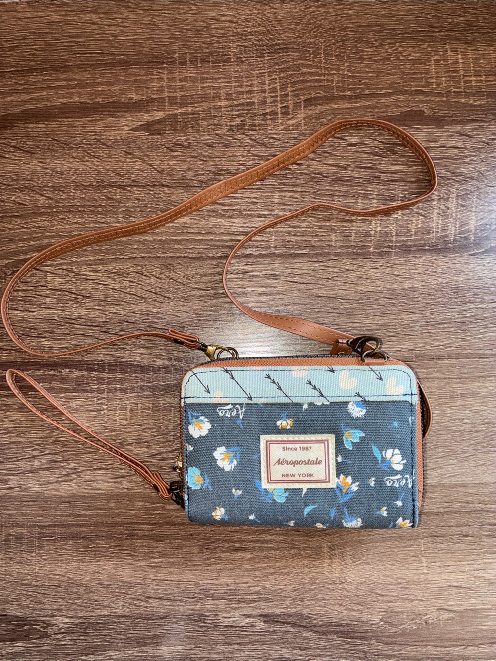 Y2K Used Aeropostale Blue Floral Crossbody Wallet with Brown Strap